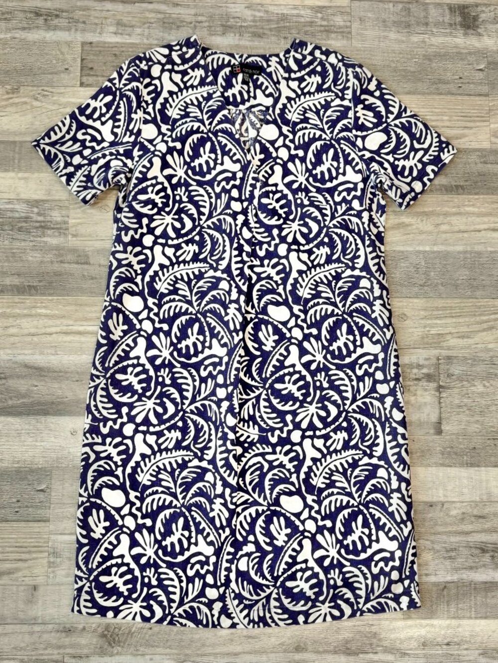 Carre Noir Blue Pattern Linen Blend Short Sleeve Shift Dress Size Medium F9